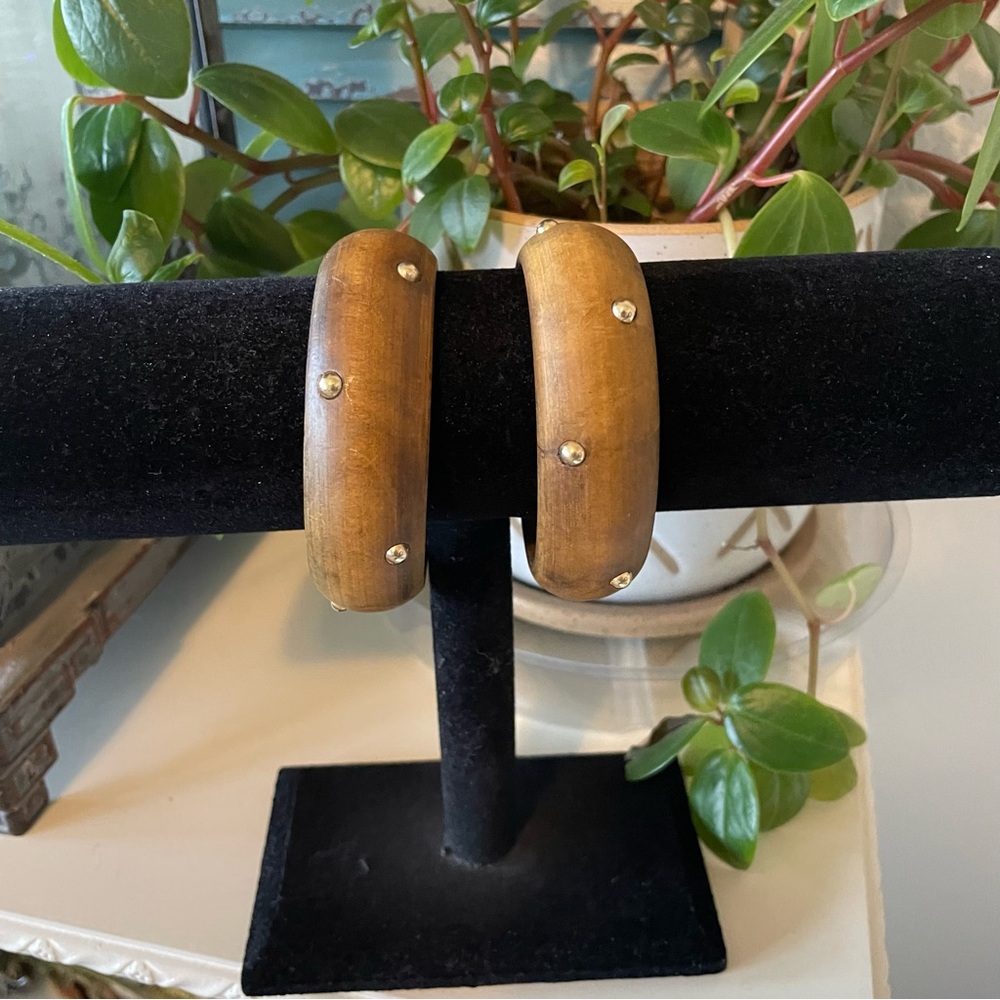 Vintage Set of 2 Wooden Bangle Bracelets with Stud Accents